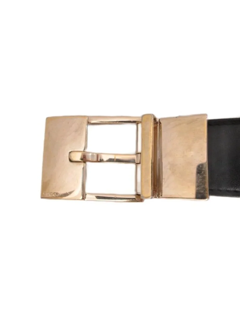 Gucci Square Buckle Leather Belt Logo Stamp Black Gold Tone
